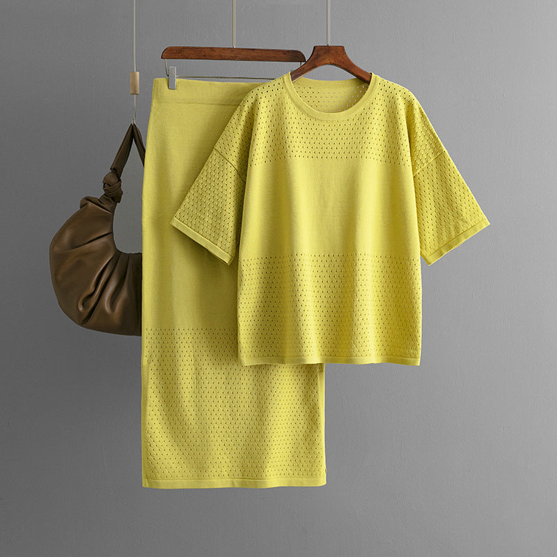 Hollow out short sleeved knitted top half skirt two-piece set women&