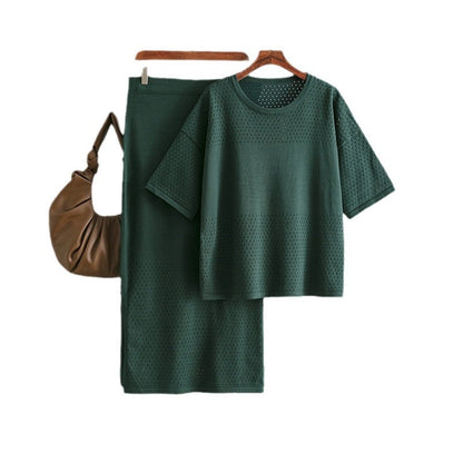 Hollow out short sleeved knitted top half skirt two-piece set women&