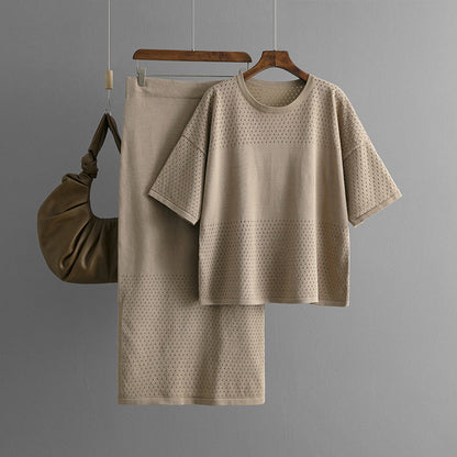 Hollow out short sleeved knitted top half skirt two-piece set women&