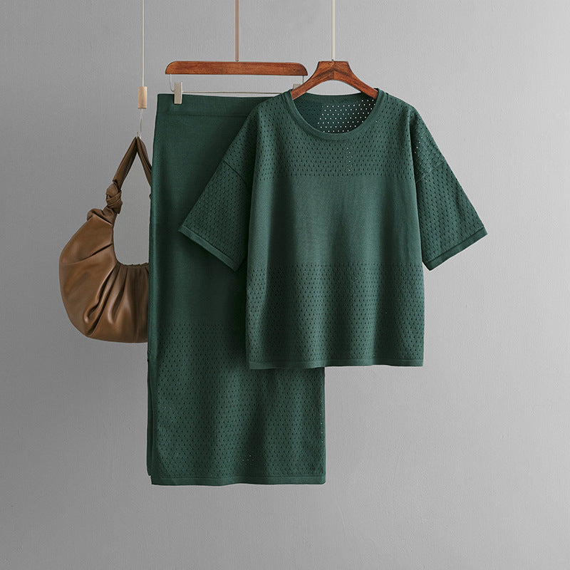 Hollow out short sleeved knitted top half skirt two-piece set women&