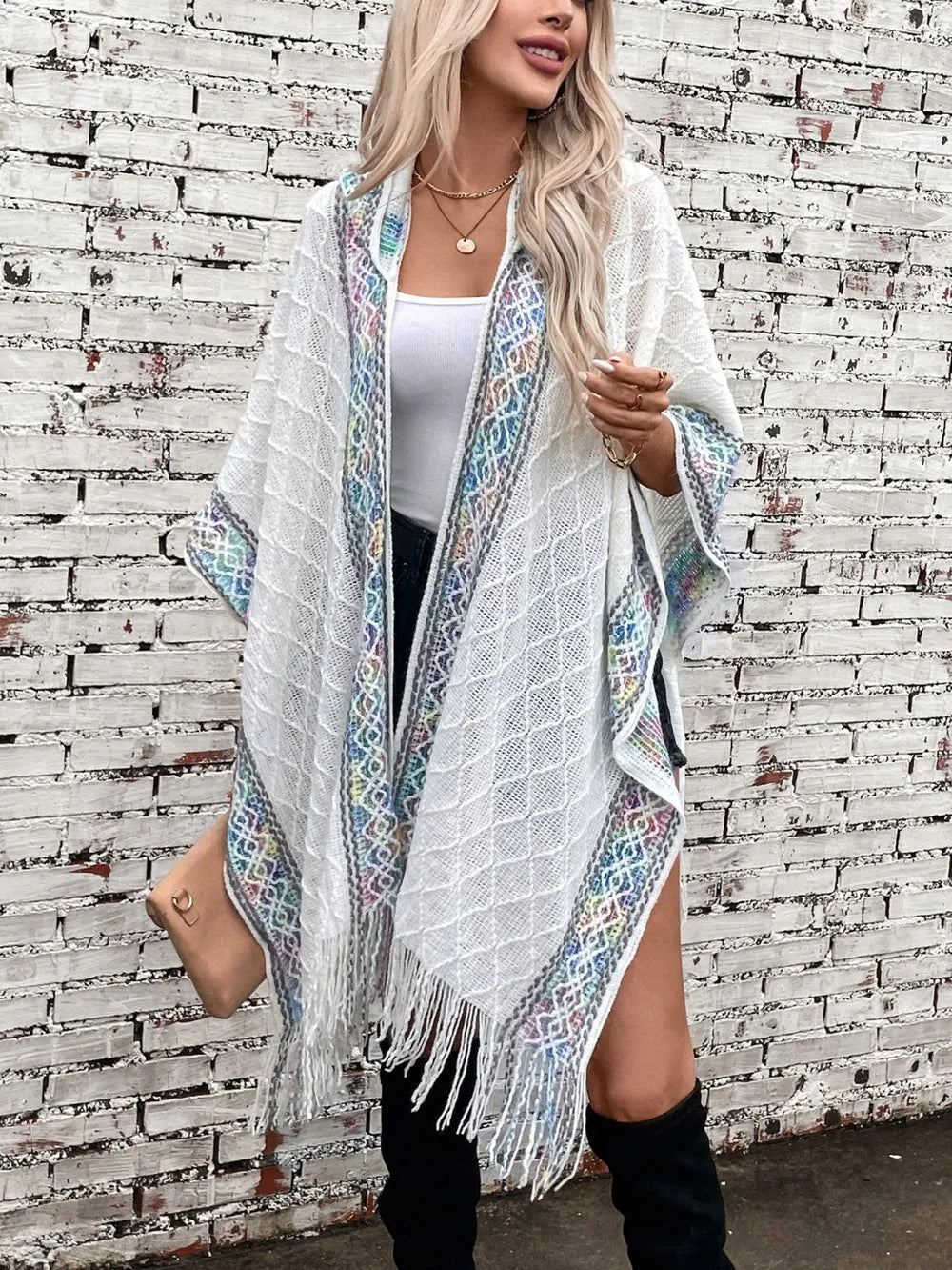 Hooded tassel cloak sweater shawl women&