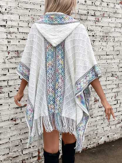 Hooded tassel cloak sweater shawl women&