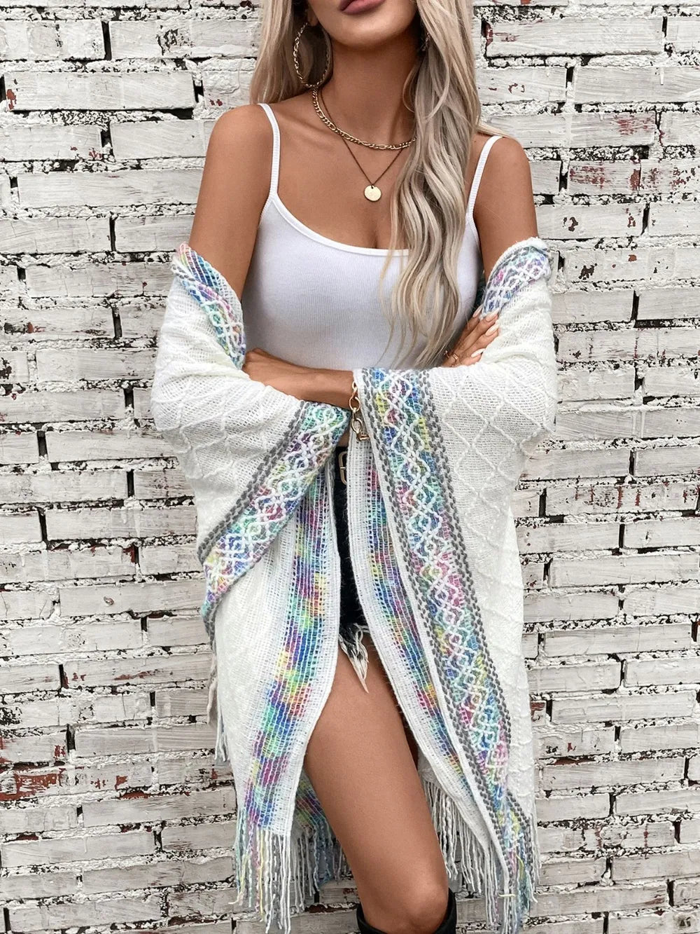 Hooded tassel cloak sweater shawl women&