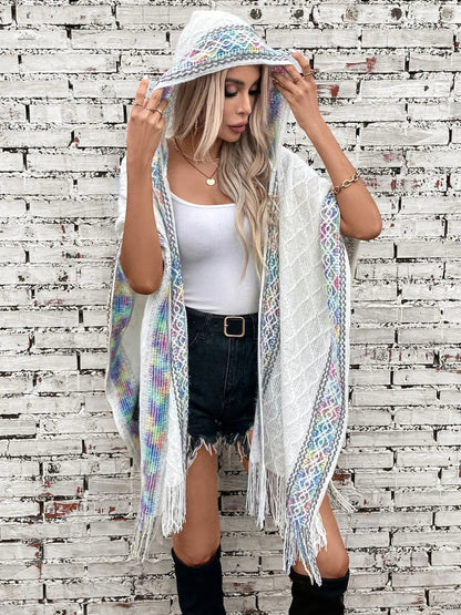 Hooded tassel cloak sweater shawl women&