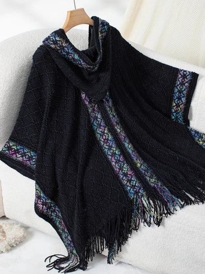 Hooded tassel cloak sweater shawl women&
