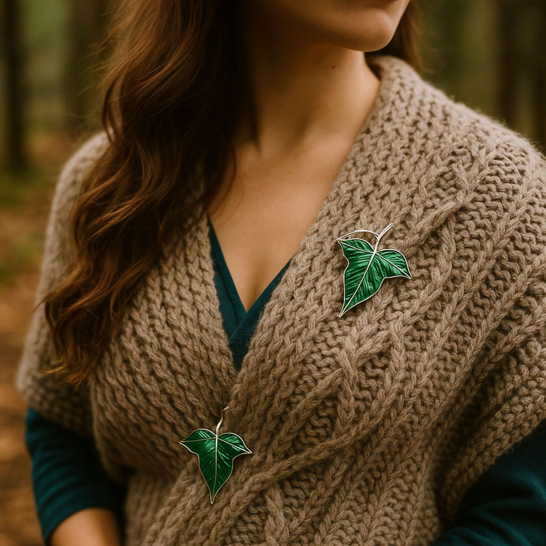 Elven Leaf Brooch &amp; Pendant Set — 2-Pack in Enchanted Green &amp; Silver