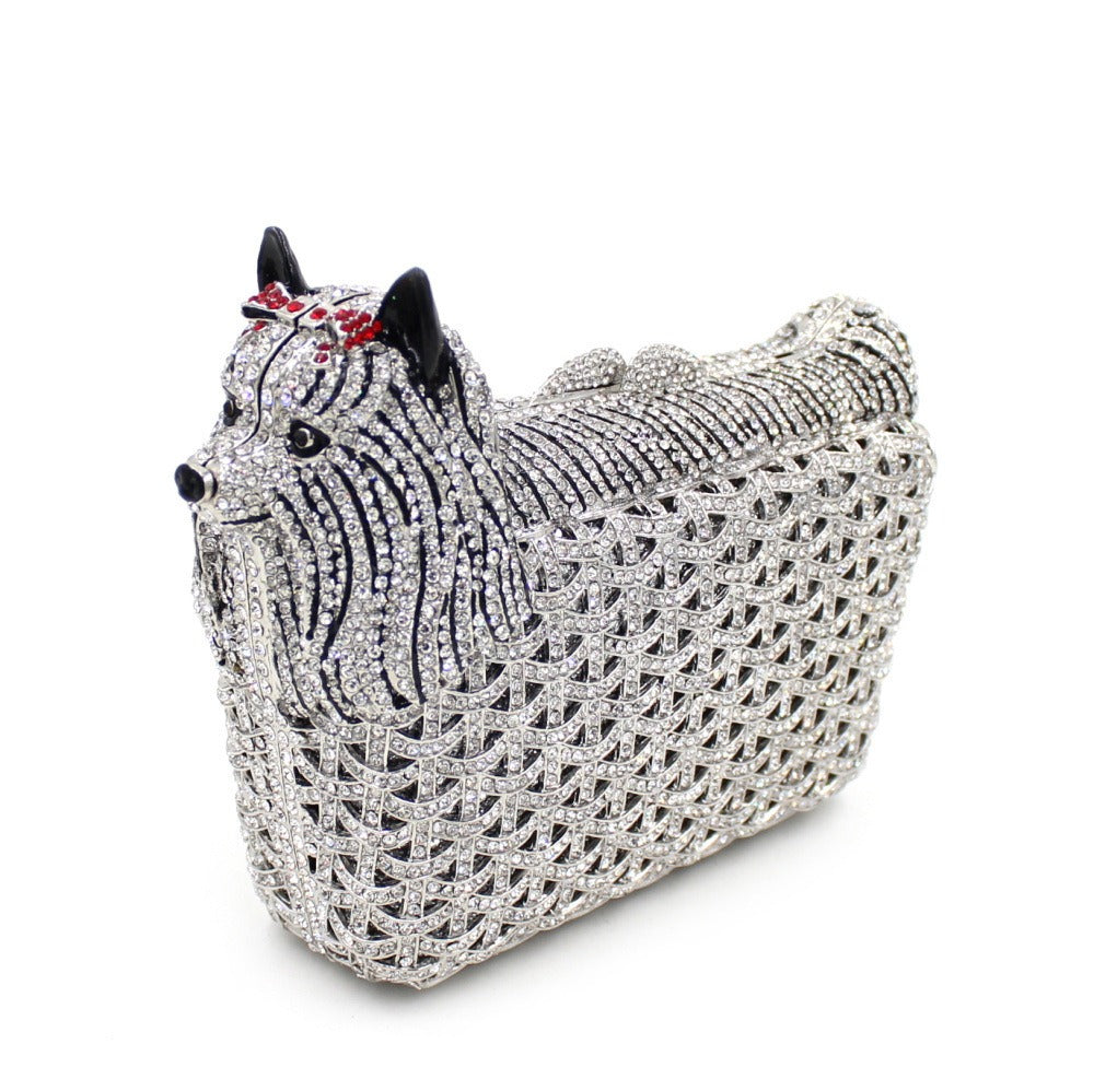 Puppy rhinestone bag, hollow metal crystal dinner bag, handmade diamond inlaid bag, women&