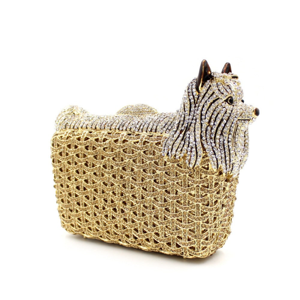Puppy rhinestone bag, hollow metal crystal dinner bag, handmade diamond inlaid bag, women&