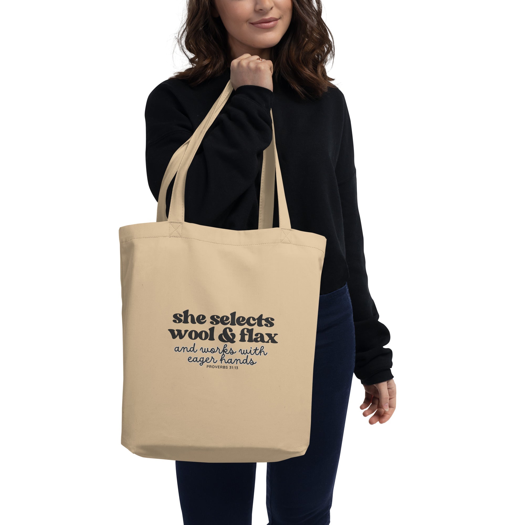 “She Selects Wool &amp; Flax” Scripture Eco Tote Bag – Designed by Nicole Snow