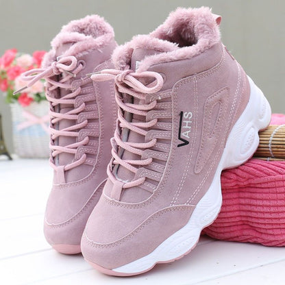 Sports shoes, casual with plush insulation, cotton shoes, leather surface, Korean version, versatile, high top, dad shoes, women&