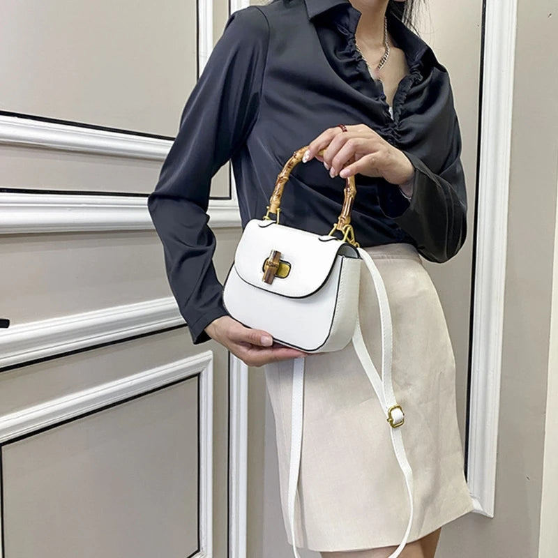 Vintage Saddle Bag with Bamboo Handle Messenger Bag Leather Handbag Shoulder Bag Crossbody Bag Gift for Valentine&