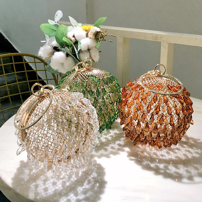 Waterdrop shaped acrylic multi-color selection circular metal birdcage hand-held dinner bag