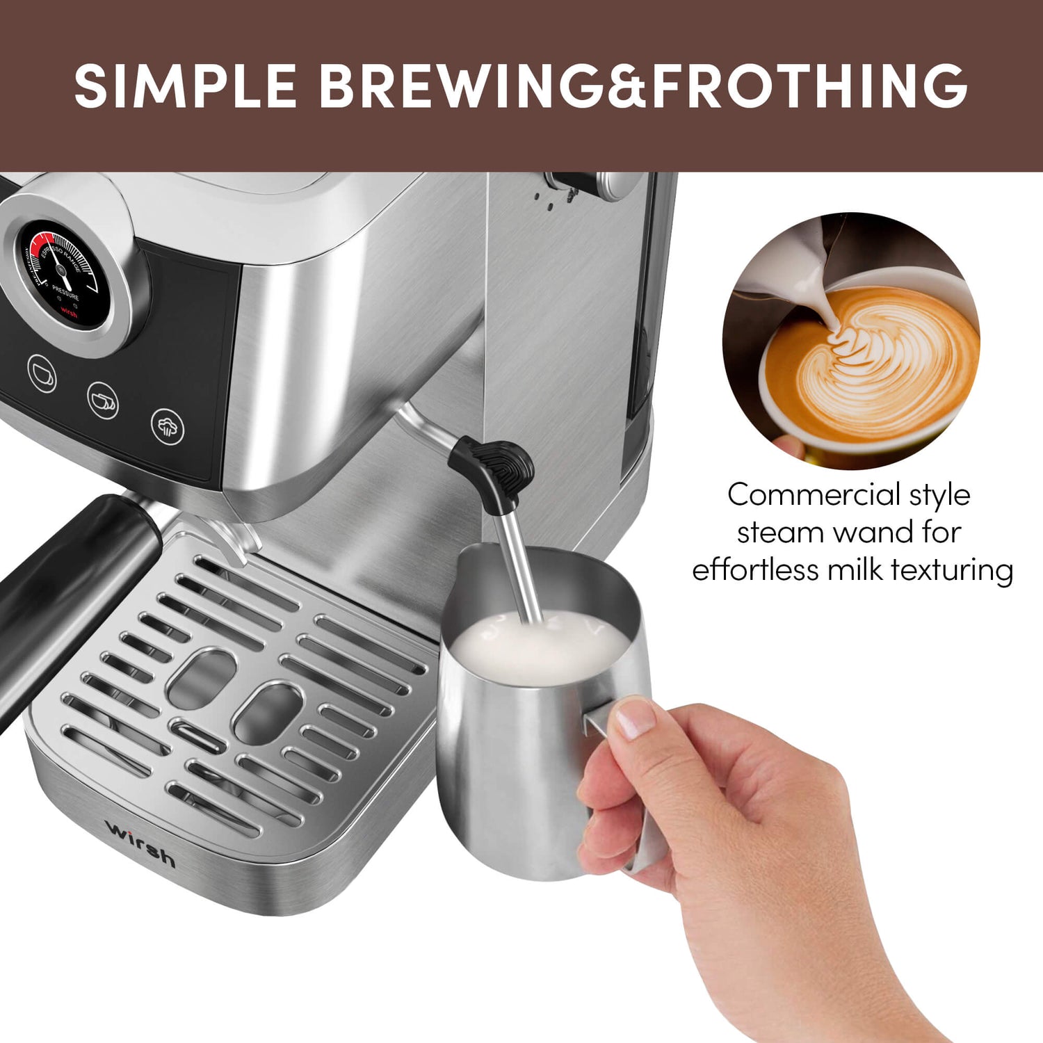 Wirsh 20 Bar Espresso Machine with Plastic Free Portafitler and Steamer, Pressure Gauge, Touch Screen, Full Stainless Steel (Home Barista Plus)